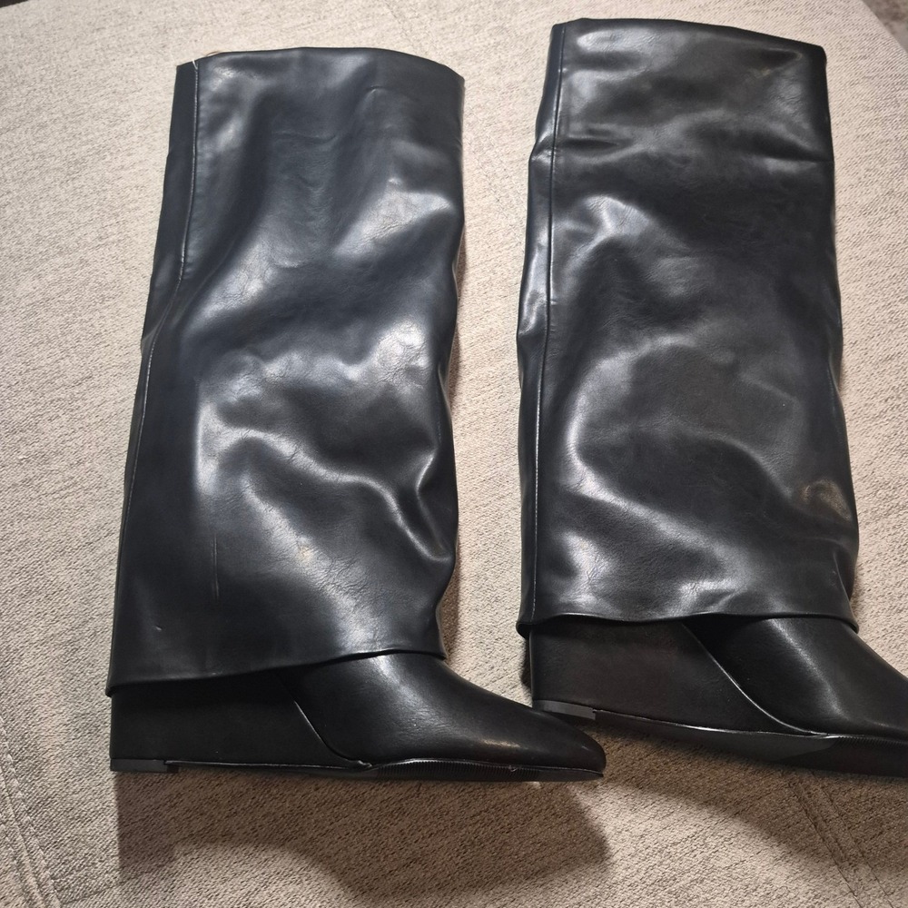 Black Faux Leather Fold Over Knee High Wedge Boots Pointed Toe Slouchy Pull On